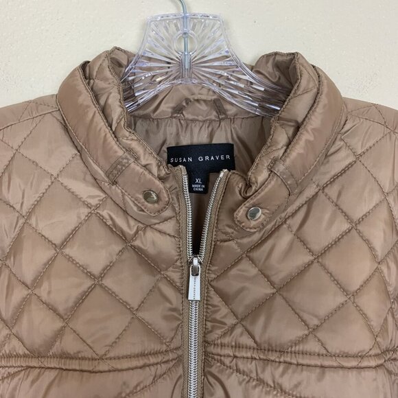 Susan Graver Womens XL Quilted Jacket Ponte Side Panels Zip Pockets Tan Puffer - Picture 4 of 14